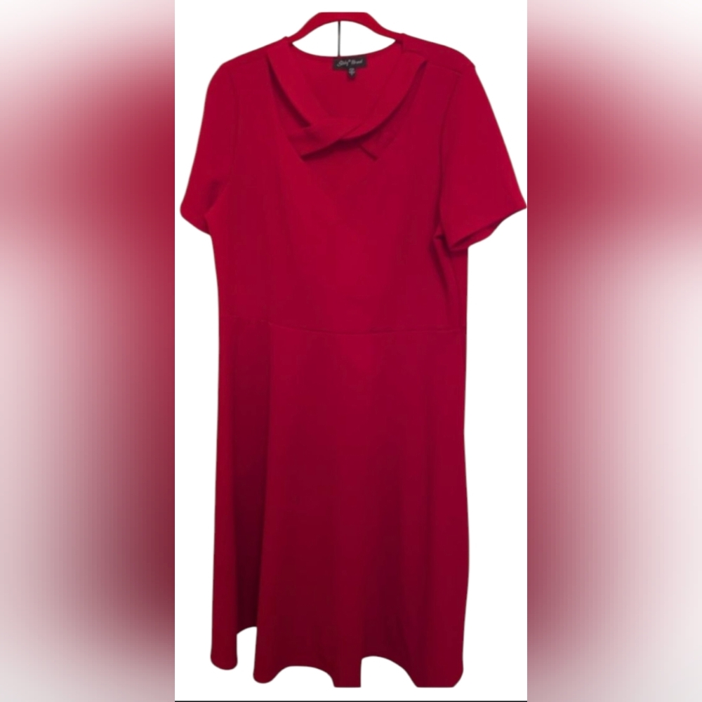 Slinky Brand Vibrant Red Midi Dress With Gorgeous Twist Design Around Collar.